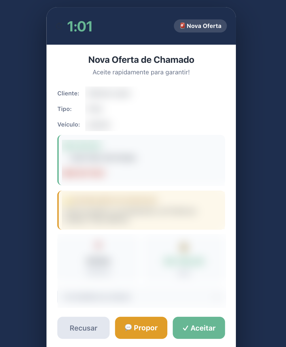 App do prestador BaseWay com oferta de chamado, valor e botões aceitar ou propor